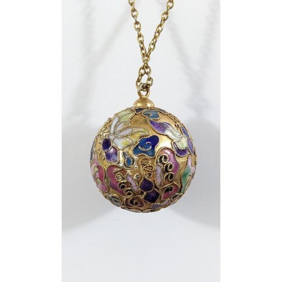 Large Globe Ball Butterfly Design Cloisonne Pendant Necklace - Picture 10 of 16